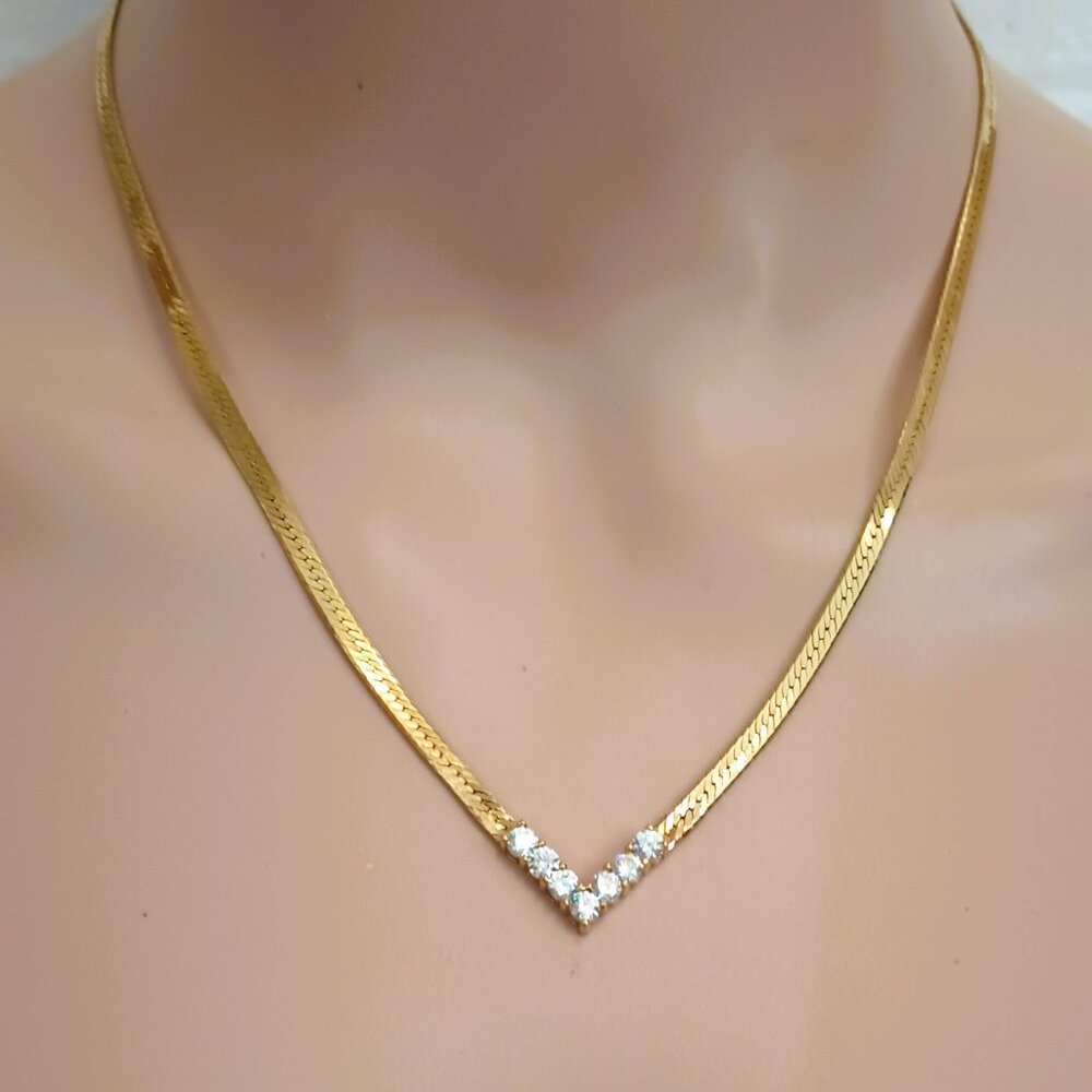 V Point CZ Herringbone Necklace 18" Women's Vintage Gold Tone Evening Chain